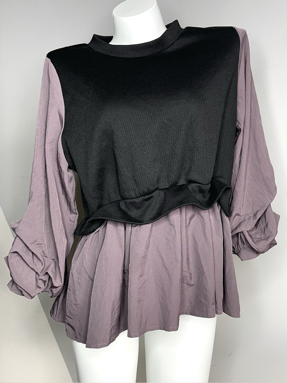 Mauve & Black Puff Sleeve Babydoll Top